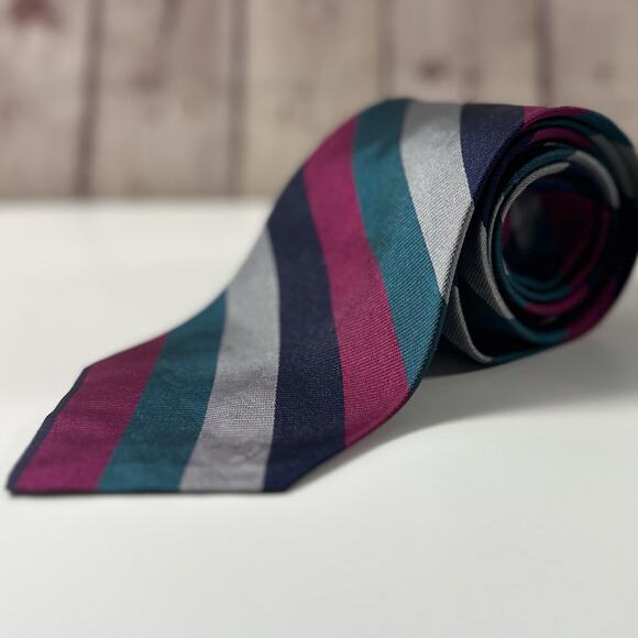 Vintage Barrington Striped Tie Made in USA Teal Magenta Gray Navy Necktie - Picture 1 of 5